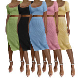 Ribbed Square Neck Short Sleeve Slit Skirt Slim 2PCS Set