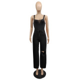 Solid Sleeveless Bodysuit & Ripped Wide-Leg Pants Casual 2PCS Set
