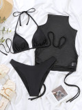 Three-Piece Swimwear Black Bikini Set with Sleeveless Cover-Up