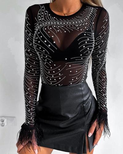 Rhinestone Tight Fitting Feather Long Sleeve Sexy Top