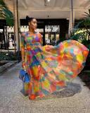 Short Sleeve Print Colorful Mesh Maxi Dress