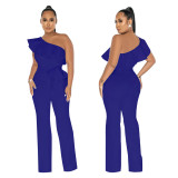 Solid Ruffle One Shoulder Jumpsuit with Belt