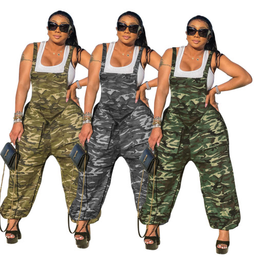 Trendy Camouflage Suspender Pants Print Loose Cargo Jumpsuit