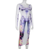 Print Low Back Long Sleeve Bodycon Midi Dress