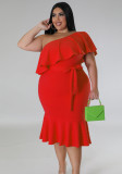 Plus Size Fashion Ruffle One Shoulder Tie Waist Midi Dress