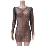 Stylish Sexy See-Through Bead Mesh Long-Sleeved Beach Dress Cover-Up