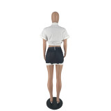 Summer 2-Piece Set Short Sleeve Pocket Crop Top and High Waist Printed Skirt