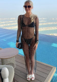 Sexy Long Sleeve Rhinestone Beaded See Through Mesh Beach Dress
