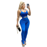 Sexy Solid Cami Crop Top and Slit Bottom Pants Two-Piece Set