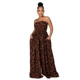 Women Print Casual Strapless High Waist Wide Leg Jumpsuit
