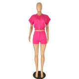 Hot Pink Stretch Pocket Elastic Waist Crop Top and Shorts Two Pieces