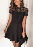 Black Round Neck Short Sleeve Lace Patchwork Short Dress