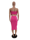 Fashion 2-Piece Set Sexy Tassel Strapless Crop Top Slit Ruched Skirt