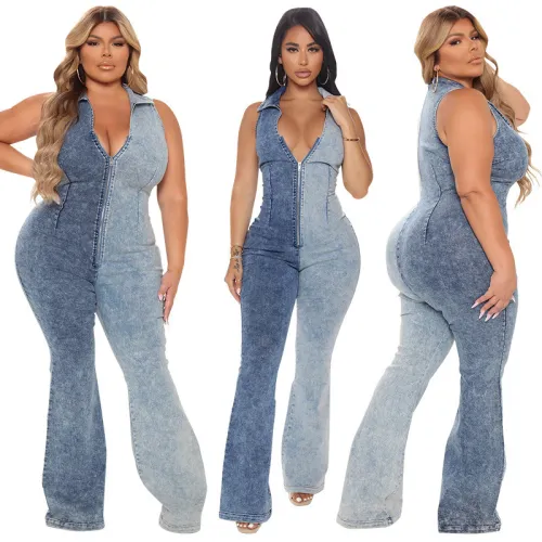 Plus Size Contrast Color Sleeveless Zipper Flare Jumpsuit