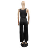 Solid Sleeveless Bodysuit & Ripped Wide-Leg Pants Casual 2PCS Set