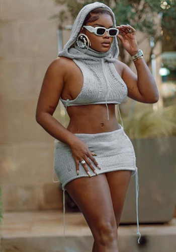 Sexy Knitting Hooded Crop Top and Skirt Two Piece Set