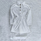 White Woven Turndown Collar Long Sleeve Button Rompers