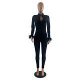 Fur Cuff Solid Long Sleeve Zip Up Tight Jumpsuit