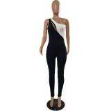 Two Tone One Shoulder Zipped Tight Jumpsuit