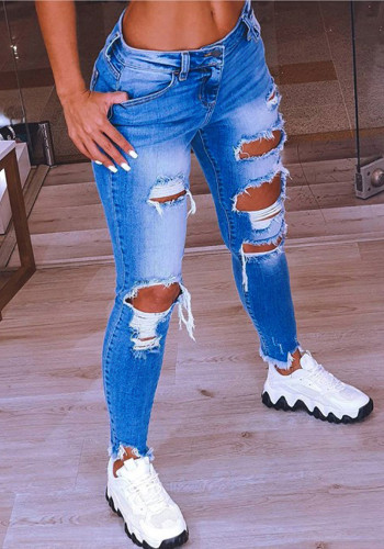 Low Rise Ripped Holes Jeans Denim Pants