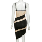Contrast Color Straps V-Neck See-Through Slim Irregular Sexy Club Dress