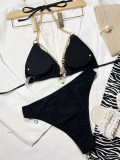 Black Sexy Chain Halter Cutout Bikini Set