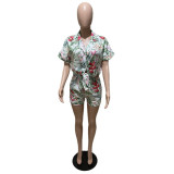 Tropical Print Two-Piece Short Sleeve Tie Front Top + Shorts Set