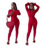 Fur Cuff Solid Long Sleeve Zip Up Tight Jumpsuit
