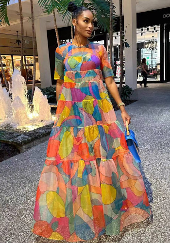 Short Sleeve Print Colorful Mesh Maxi Dress