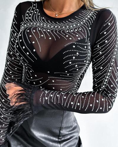 Rhinestone Tight Fitting Feather Long Sleeve Sexy Top