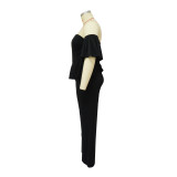 Off-Shoulder Ruffle Short-Sleeve Plus Size Wide Leg Jumpsuit