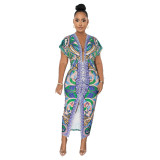 Ethnic Print Slit Short Sleeve Ruched Long Dress