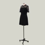 Black Round Neck Short Sleeve Lace Patchwork Short Dress