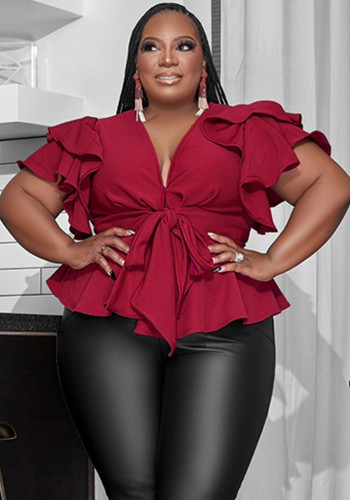 Wine Red Tie Front V-Neck Ruffle Short Sleeve Plus Size Top