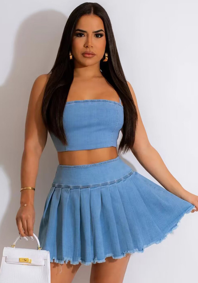 Casual Denim 2PCS Set Shirred Cami Crop Top and Pleated Skirt