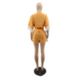Female Contrast Tassel Trim V-Neck Half-Sleeve Shirt and Shorts Set