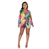 Sexy V-Neck Multi-Color Print Tie Waist Rompers