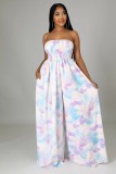 Women Print Casual Strapless High Waist Wide Leg Jumpsuit