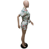 Tropical Print Two-Piece Short Sleeve Tie Front Top + Shorts Set