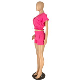 Hot Pink Stretch Pocket Elastic Waist Crop Top and Shorts Two Pieces