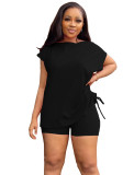 Summer Solid Drawstring Ruched Top and Shorts 2-Piece Set