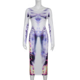 Print Low Back Long Sleeve Bodycon Midi Dress