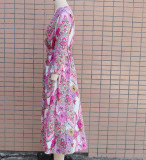 Long Sleeve V-neck Print Long Holiday Dress with Belt