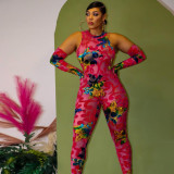 Sexy Printed Bodycon Sleeveless Jumpsuit With Gloves