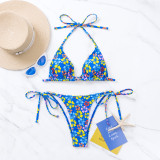 Blue Foral Print Halter Triangle Tie Bikini Set