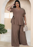 Plus Size Solid V-Neck Short Sleeve Side Lace-Up Two-Piece Set
