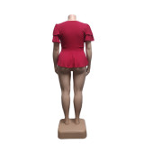 Wine Red Tie Front V-Neck Ruffle Short Sleeve Plus Size Top