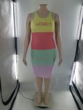 Plus Size Color Block Print Letter Sleeveless Bodycon Dress