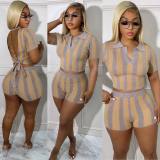 Trendy Ribbed Striped Sexy Open Back Short Sleeve 2-Piece Shorts Set