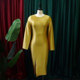 Solid Elegant Cape Sleeve Formal Slit Midi Dress